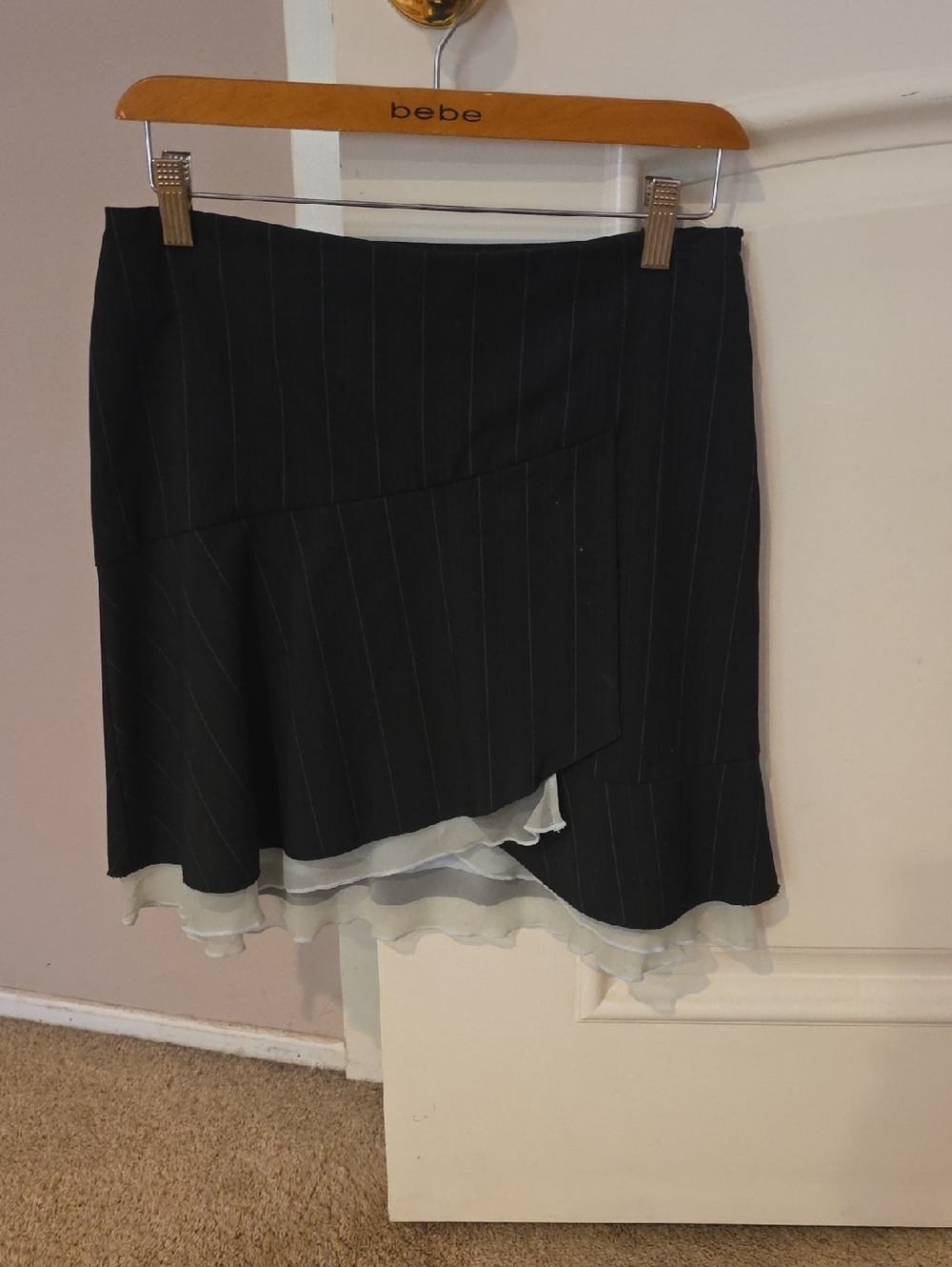 bebe Pinstripe Asymmetrical Mini Skirt